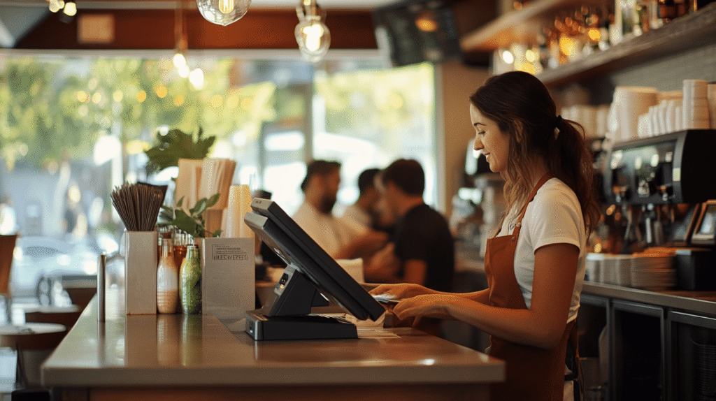 Restaurant staff serving a customer at a point of sale terminal. พนักงานร้านอาหารให้บริการลูกค้าที่เครื่องขายหน้าร้าน