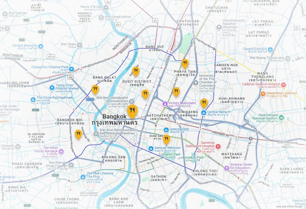 Map of Bangkok showing restaurant location pins. แผนที่กรุงเทพฯ แสดงหมุดตำแหน่งร้านอาหาร