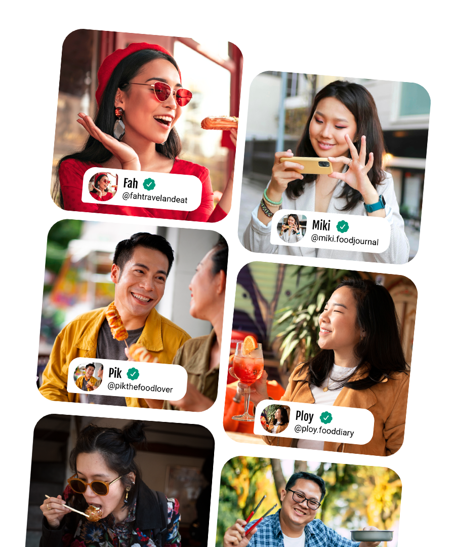 Social media profile cards of diners shown on a phone. การ์ดโปรไฟล์โซเชียลมีเดียของลูกค้าบนหน้าจอมือถือ