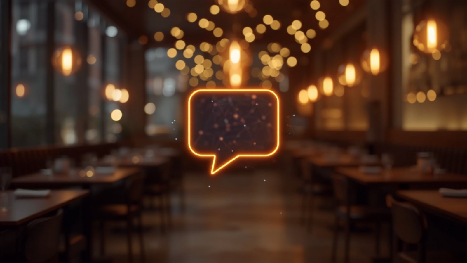 A glowing AI chat assistant icon in a warm restaurant, representing AI recommending where to eat. ผู้ช่วย AI เรืองแสงในร้านอาหาร แทนการที่ AI แนะนำร้านให้ลูกค้า
