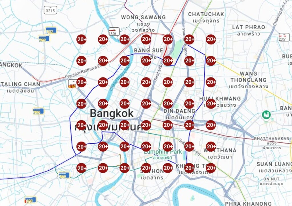 GeoGrid ranking map for a Bangkok restaurant client, Day 1 of the campaign