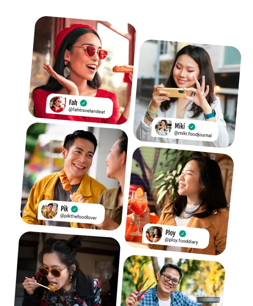 Social media profile cards of diners shown on a phone. การ์ดโปรไฟล์โซเชียลมีเดียของลูกค้าบนหน้าจอมือถือ