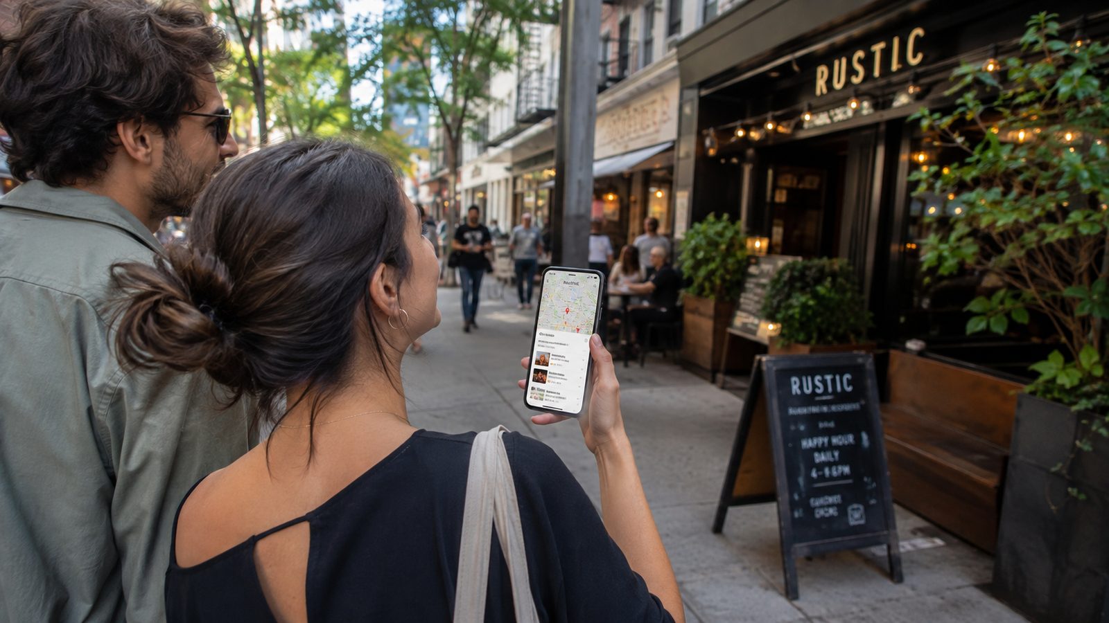 Two diners looking up a restaurant on Google Maps while standing on the street outside it. ลูกค้าสองคนกำลังค้นหาร้านอาหารบน Google Maps ขณะยืนอยู่หน้าร้าน