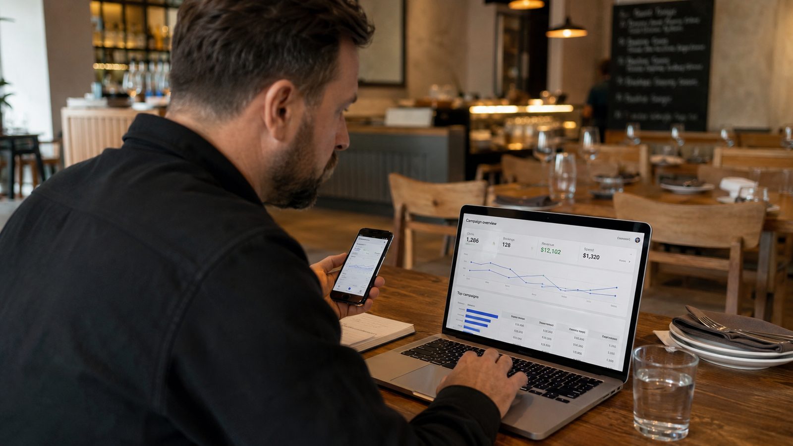 A restaurant owner reviewing an advertising campaign dashboard on a laptop in the dining room. เจ้าของร้านอาหารกำลังดูผลแคมเปญโฆษณาบนแล็ปท็อปในร้าน