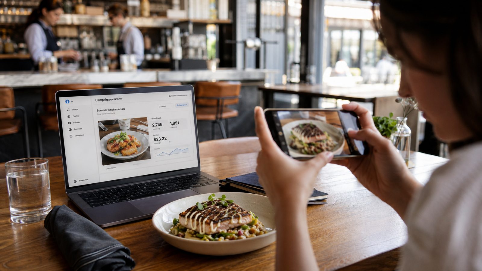 A dish being photographed for a restaurant social media ad campaign shown on a laptop. การถ่ายภาพอาหารสำหรับแคมเปญโฆษณาโซเชียลของร้านอาหารที่แสดงบนแล็ปท็อป