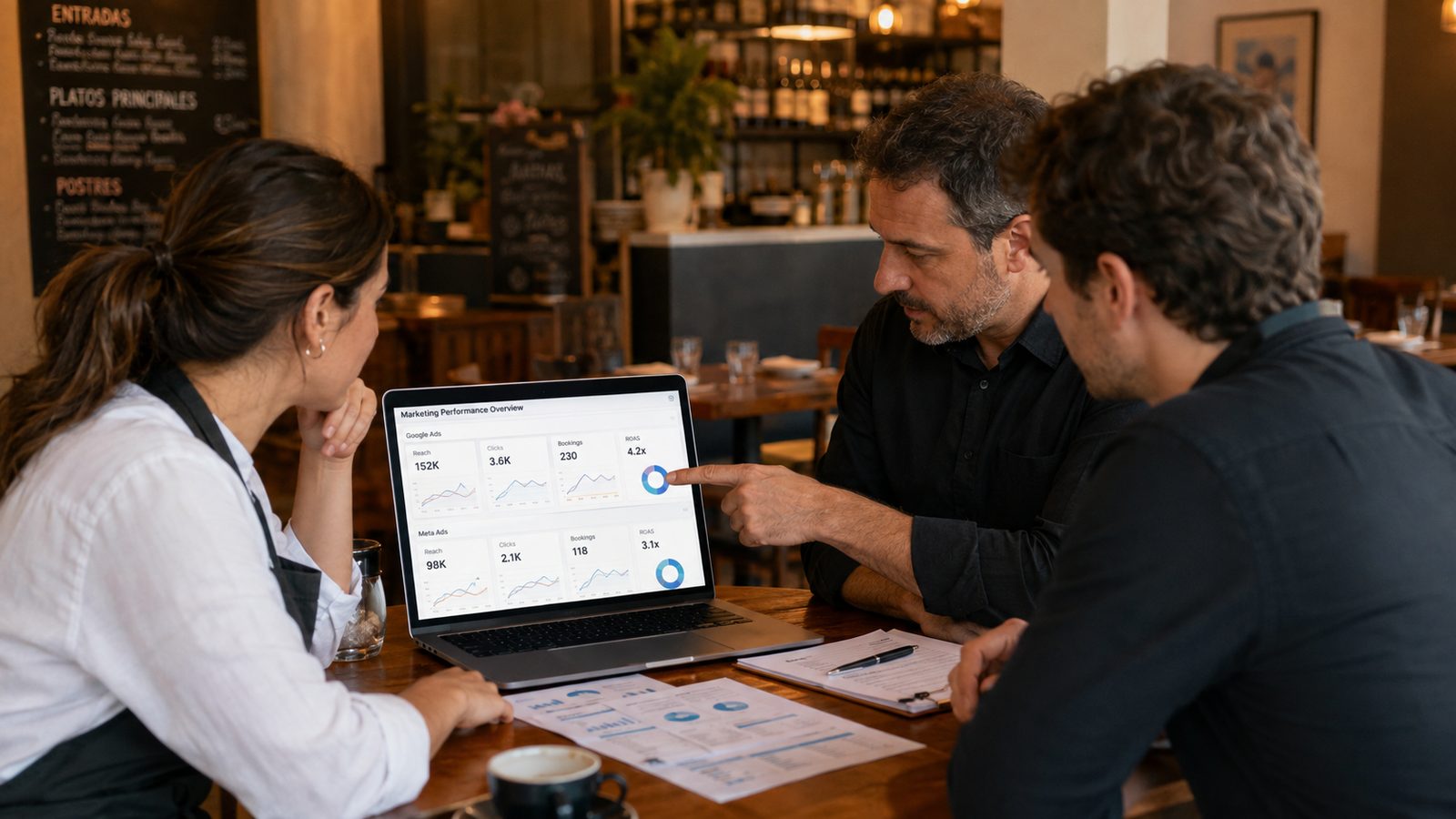 A restaurant team reviewing an advertising performance dashboard together at a table. ทีมงานร้านอาหารกำลังทบทวนผลการทำโฆษณาร่วมกันที่โต๊ะ